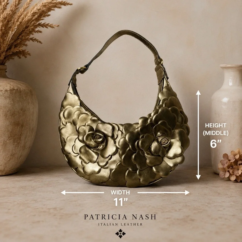 Patricia Nash Coley Antique Gold 3D Rose Petal Crescent Shoulder Bag Retired Y2K